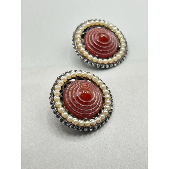 Vintage Clip On Earrings Brown Glass Pointy Stones and Faux Pearls Round Clips - Picture 2 of 4